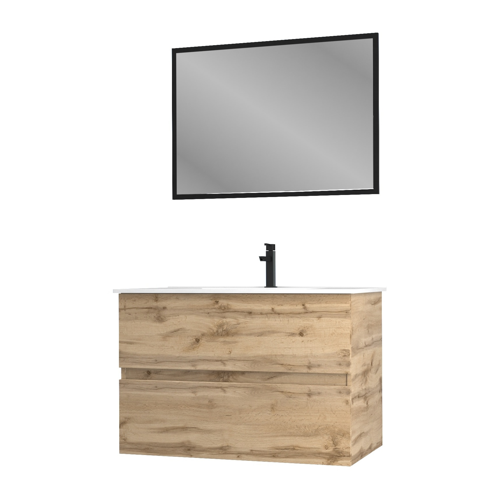 Meuble salle de bain 80x54 - Finition chene naturel + vasque blanche + miroir - TIMBER 80 - Pack 35