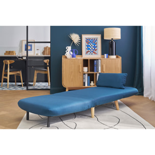 Fauteuil convertible scandinave en tissu bleu foncé et bois clair AMIKO