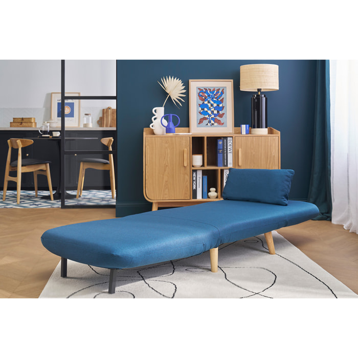 Fauteuil convertible scandinave en tissu bleu foncé et bois clair AMIKO