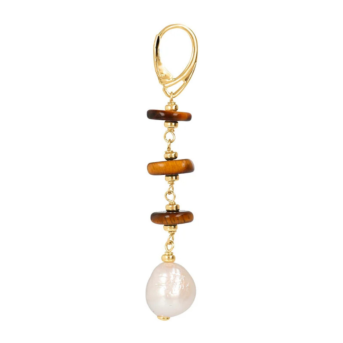 PERLAVIVA - Orecchini Pendenti in Argento 925 placcato Rodio con Occhio di Tigre e Perle Ming Bianche d'Acqua Dolce Ø 11/12 mm