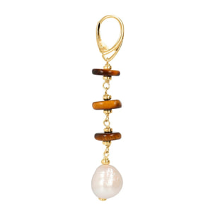 PERLAVIVA - Orecchini Pendenti in Argento 925 placcato Rodio con Occhio di Tigre e Perle Ming Bianche d'Acqua Dolce Ø 11/12 mm