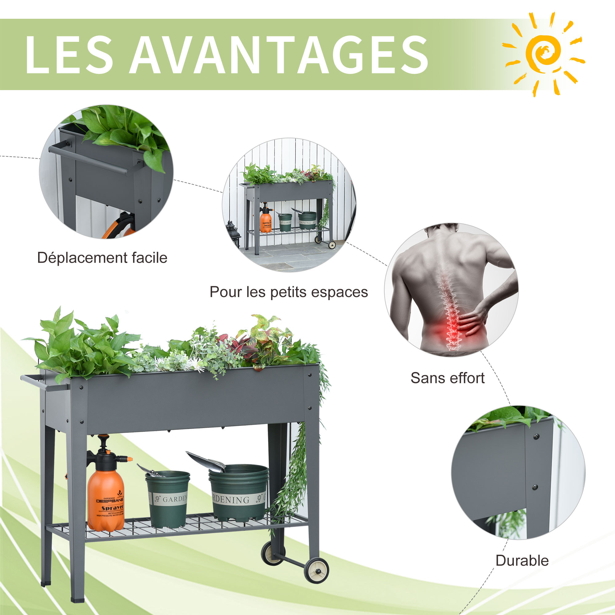 Jardinière sur pieds potager dim. 104L x 39l x 80H cm étagère 2 roues + insert d'irrigation métal gris