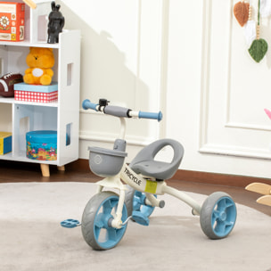 Tricycle enfant multi-équipé garde-boue avant sonnette pédales antidérapantes selle avec dossier bleu blanc gris