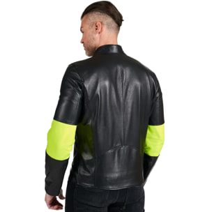 Giacca biker in pelle nera e inserti in pelle fluo effetto liscio