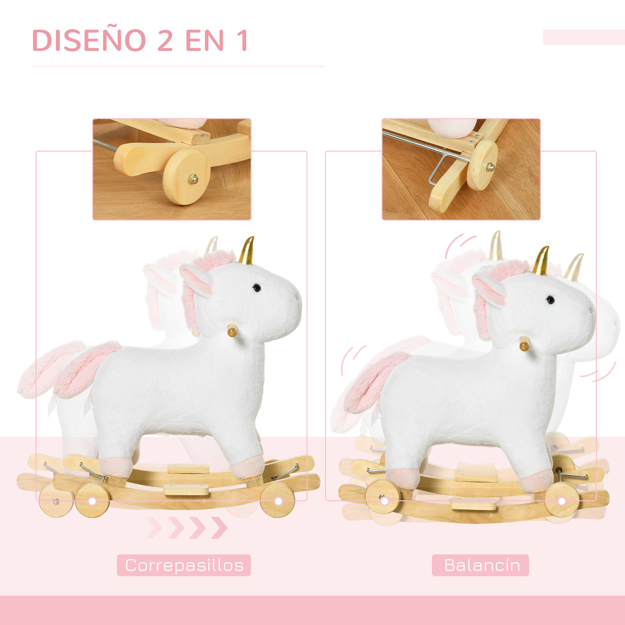 Caballito Balancín Unicornio para Niños de +3 Años con Ruedas Sonidos 63x38x63cm