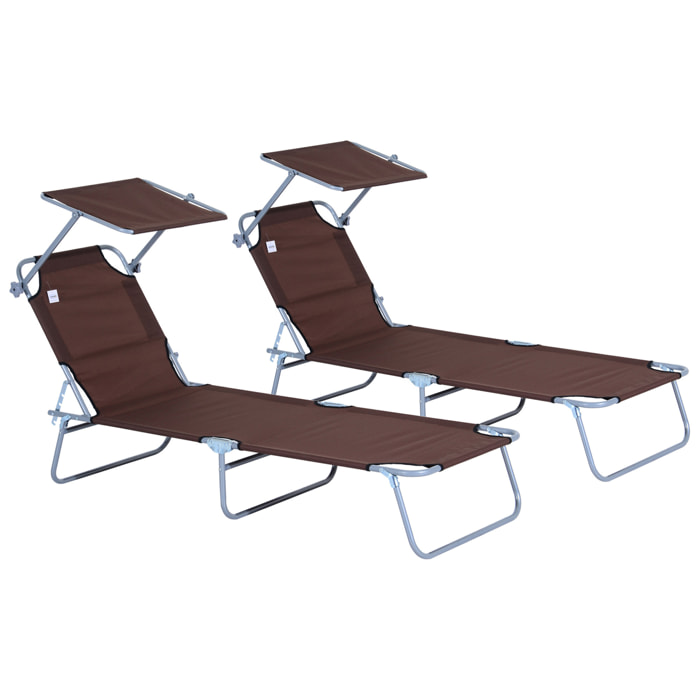Conjunto de 2 Tumbonas Plegables Tumbonas de Jardín Reclinables con Toldo Desmontable Respaldo Ajustable en 5 Niveles para Terraza Piscina 187x58x36 cm Marrón