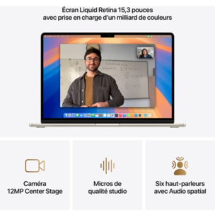 Ordinateur Apple MACBOOK Air 15" Puce M4 CPU 10 / GPU 10 cœurs Mémoire RAM 24Go Stockage 512Go SSD Retina Lumière stellaire