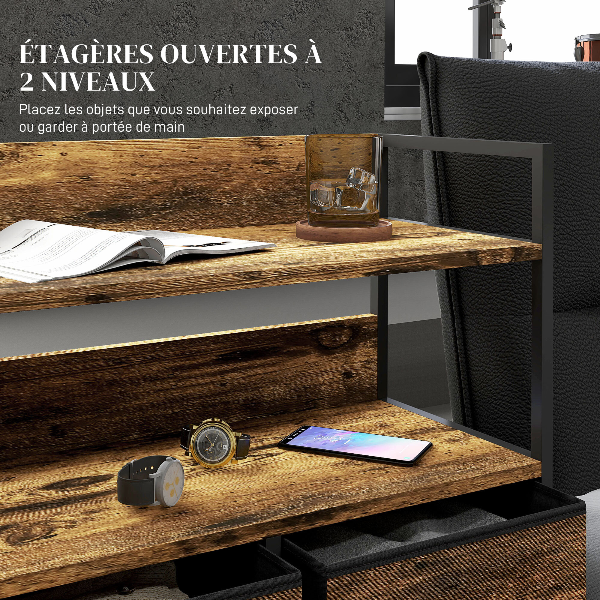 Commode 7 tiroirs non tissés pliables - structure acier noir - plateau MDF - aspect bois vieilli