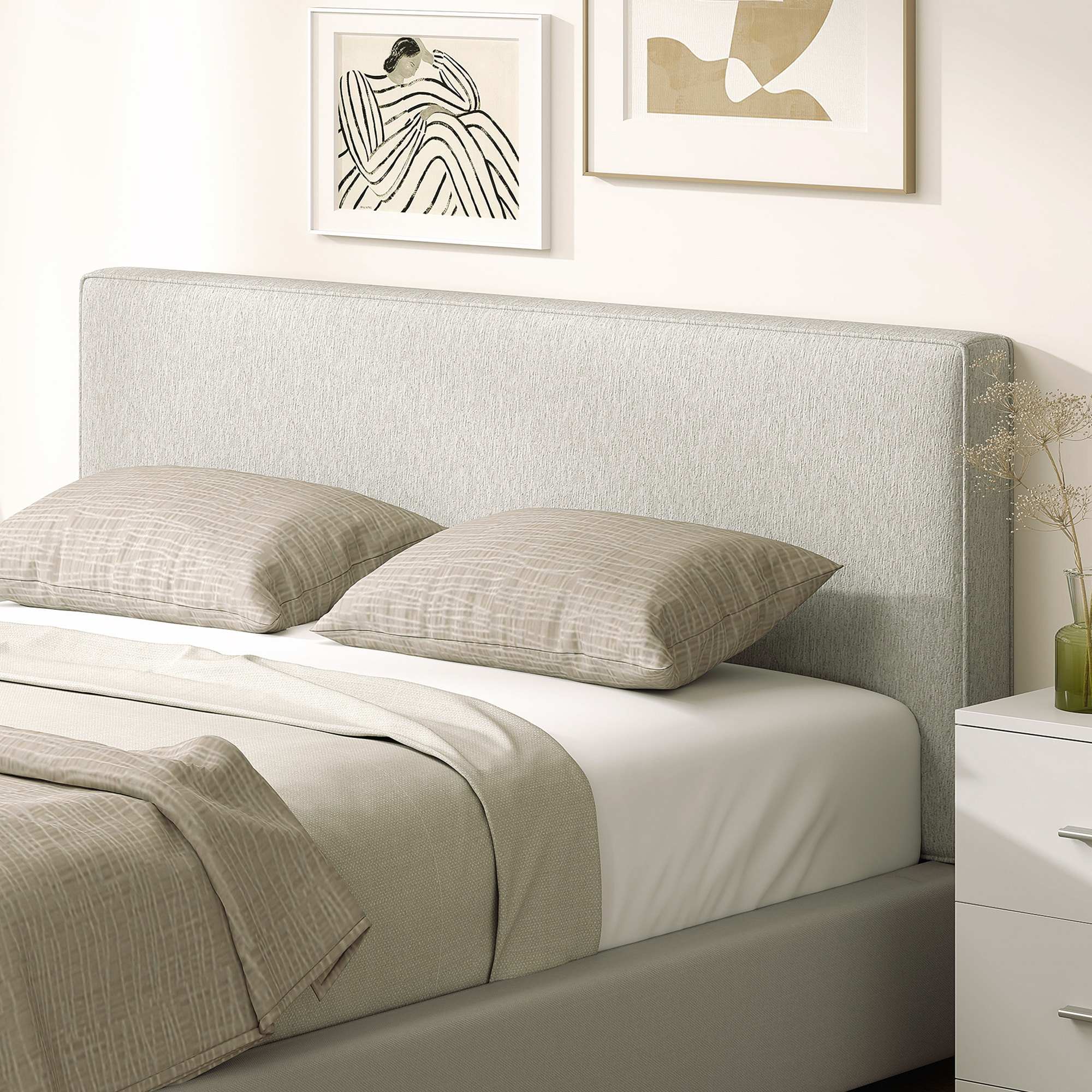 Tête de lit murale rembourrée tissu toucher lin - dim. 140L x 60H cm ép. 10 cm -gris clair chiné