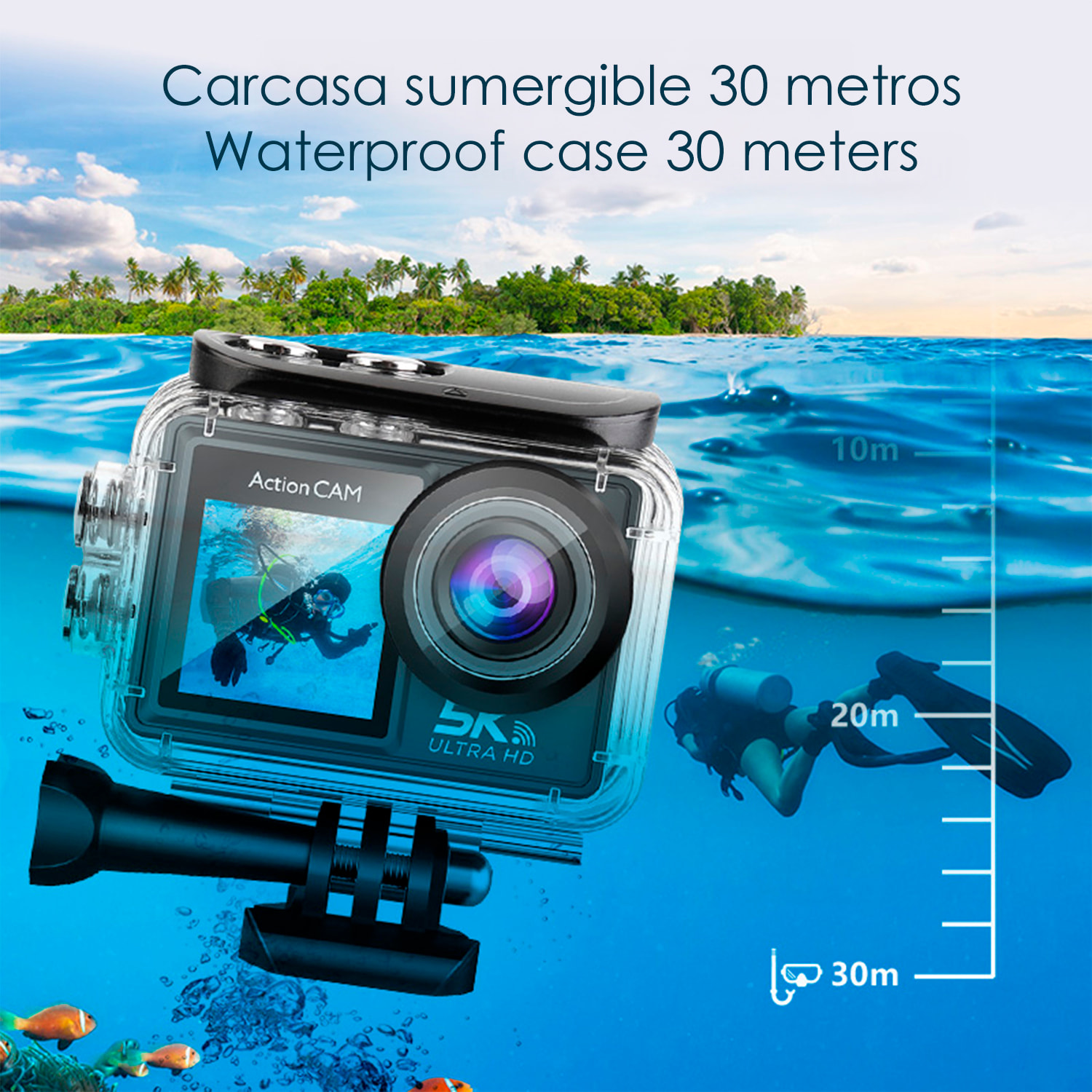 Camera Sportiva M40 R 5k 30fps con 47,75 mpx, doppio schermo da 2" e 1.3" con una moltitudine di accessori sportivi e WIFI.