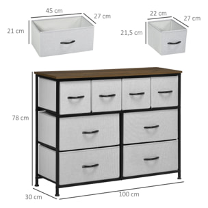 Commode meuble de rangement 8 tiroirs - dim. 100L x 30l x 78H cm - structure acier noir tissu pliant gris