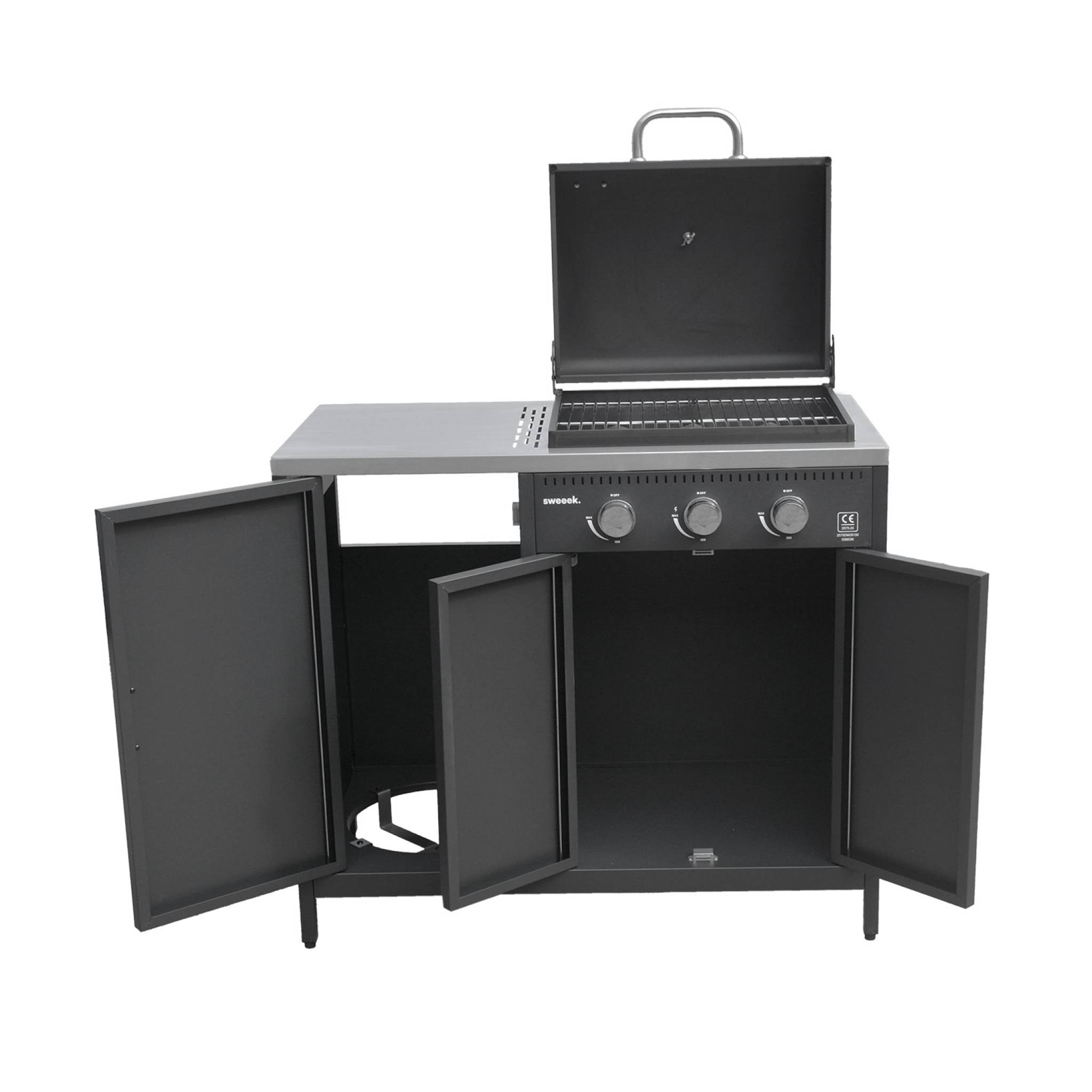 Barbecue gaz 3 brûleurs . noir. 3 portes et 2 espaces de rangement