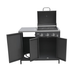 Barbecue gaz 3 brûleurs . noir. 3 portes et 2 espaces de rangement