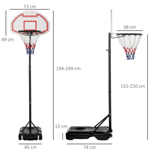 Panier de Basket-Ball sur pied avec poteau panneau, base de lestage sur roulettes hauteur réglable 1,9 - 2,5 m noir blanc
