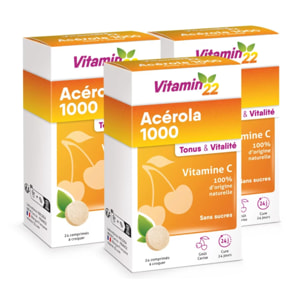 VITAMIN'22 - Acerola 1000 - Complément alimentaire à base d'Acérola- Vitamine C 100% d'origine naturelle - Sans sucre - Sans gluten - Goût Cerise - Cure de 24 j - Lot de 3 produits