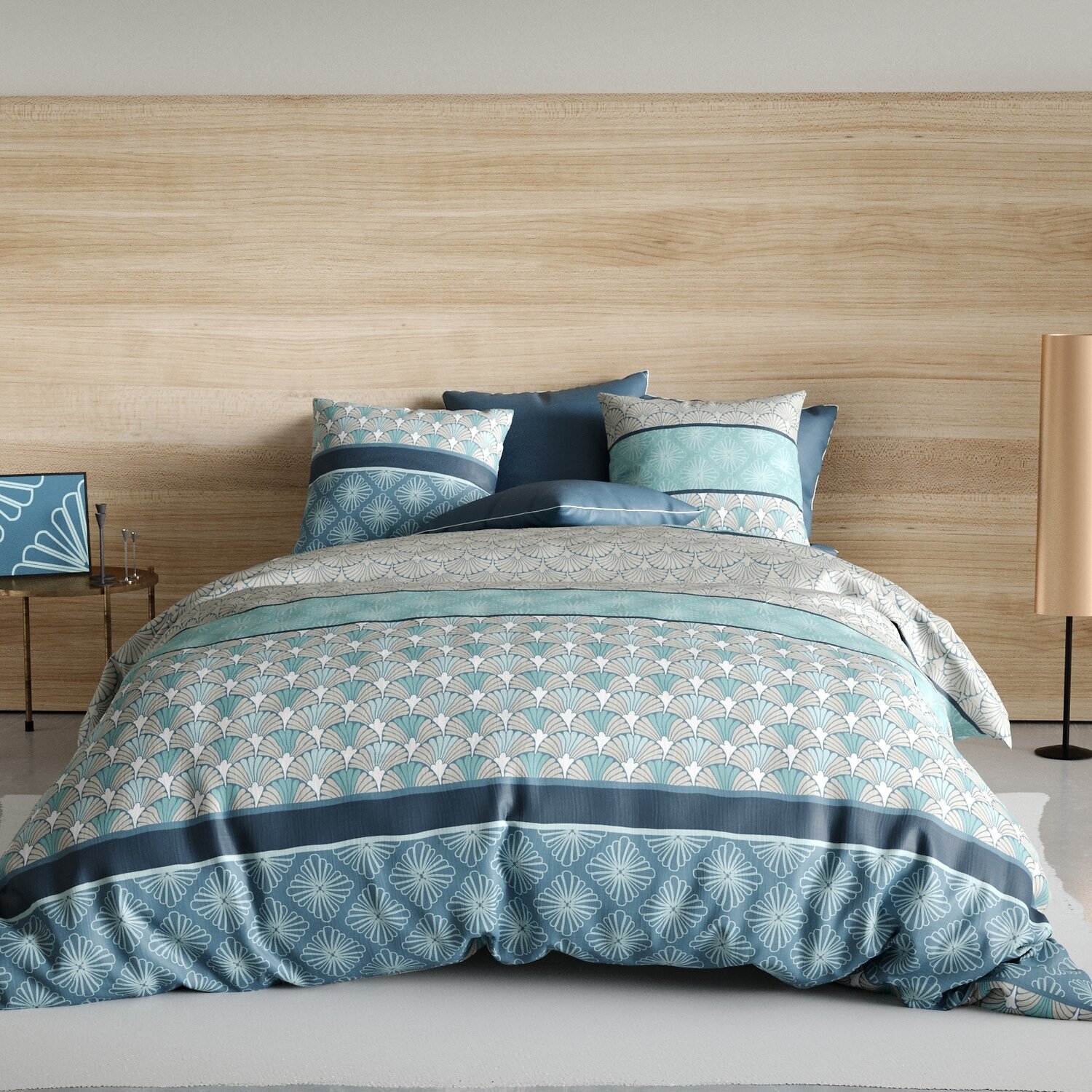 Parure housse de couette imprimé 100% coton - zircon - bleu