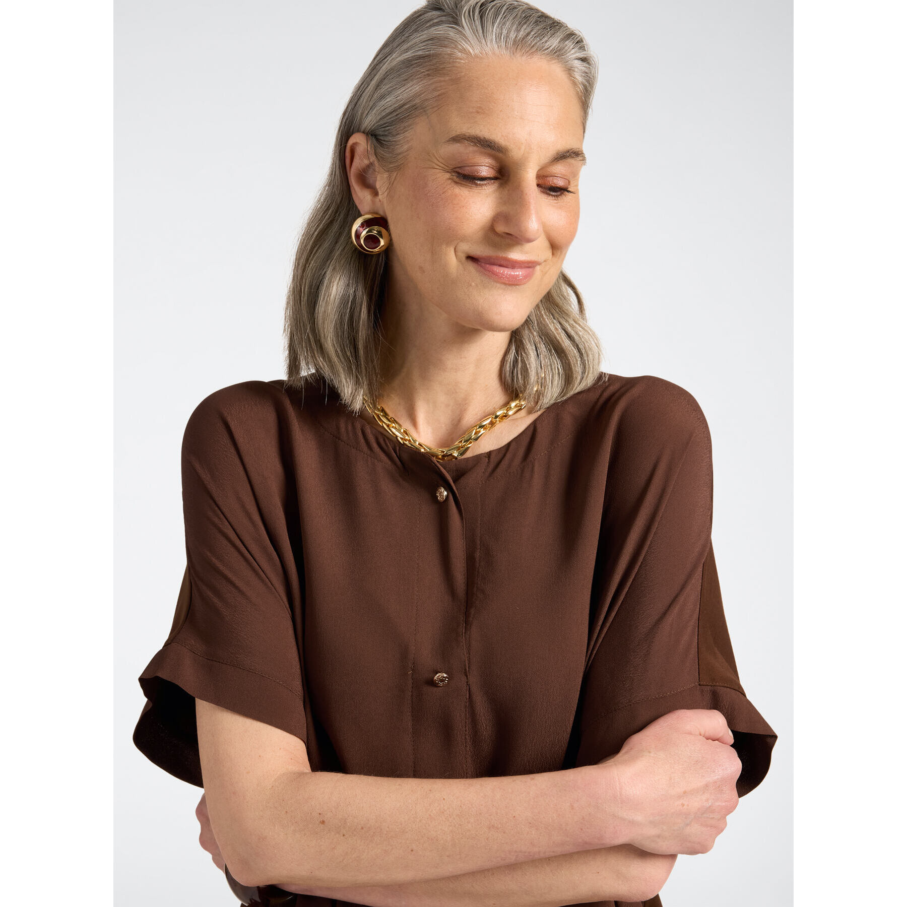 Elena Mirò - T-shirt maniche kimono con bottoni gioiello - Marrone