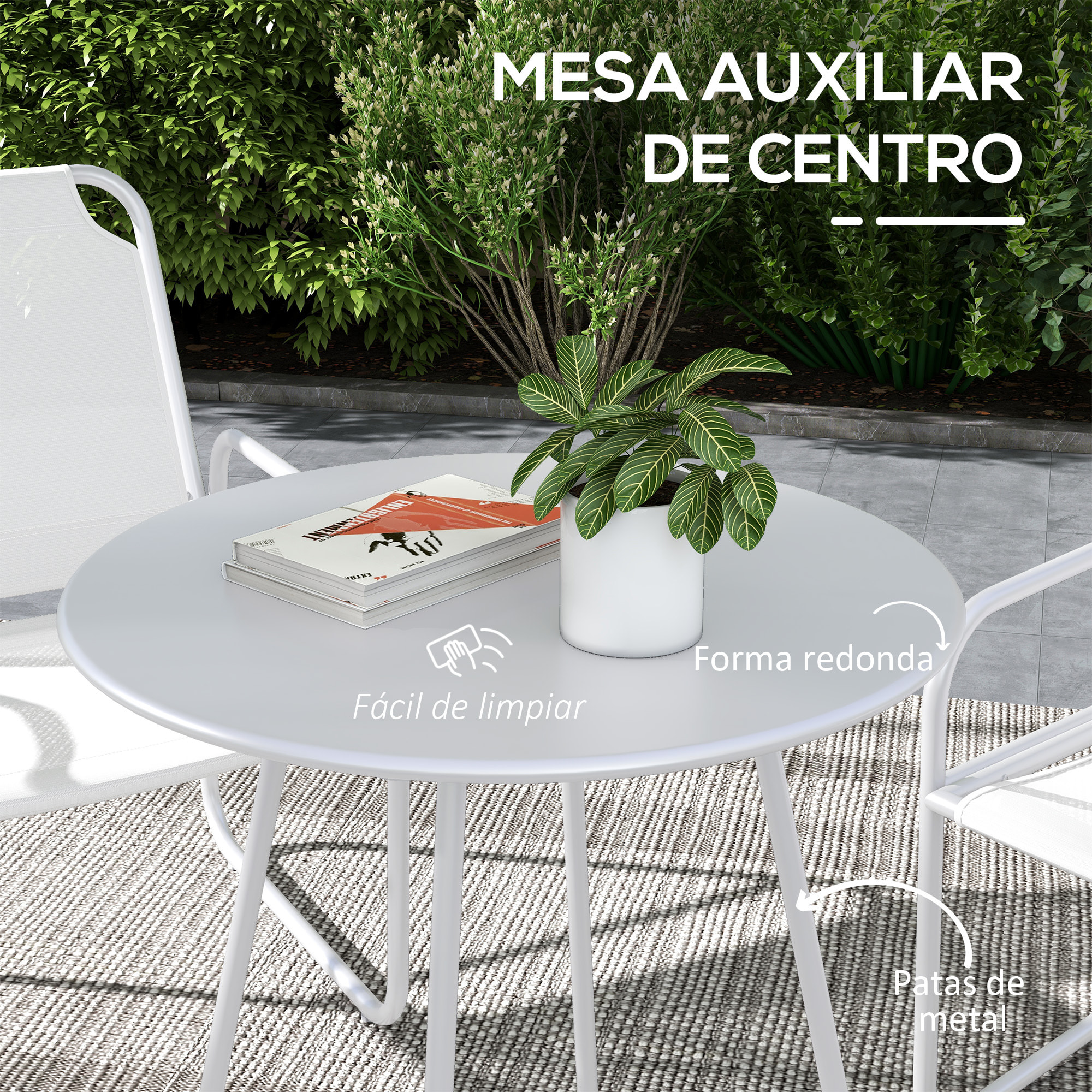 Conjunto de Jardín Exterior Muebles de Jardín Exterior Juego de 1 Mesa Redonda y 2 Sillas de Terraza con Marco de Acero Reposabrazos y Almohadillas Ajustables para los Pies Blanco