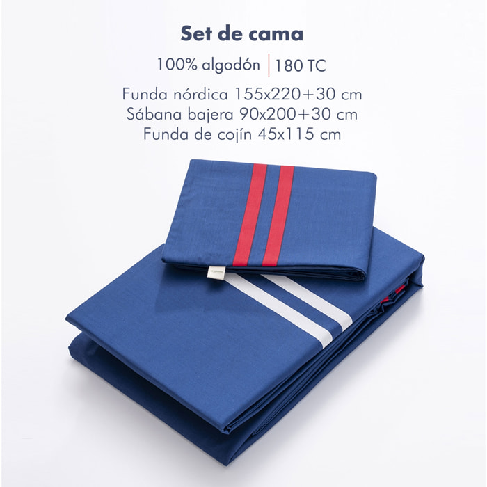 Juego de 3pzs color azul marino (funda nórdica individual 155x200+30cm + sábana bajera 90x200+30cm + funda cojín 45x115cm) 100% algodón 180tc el ganso