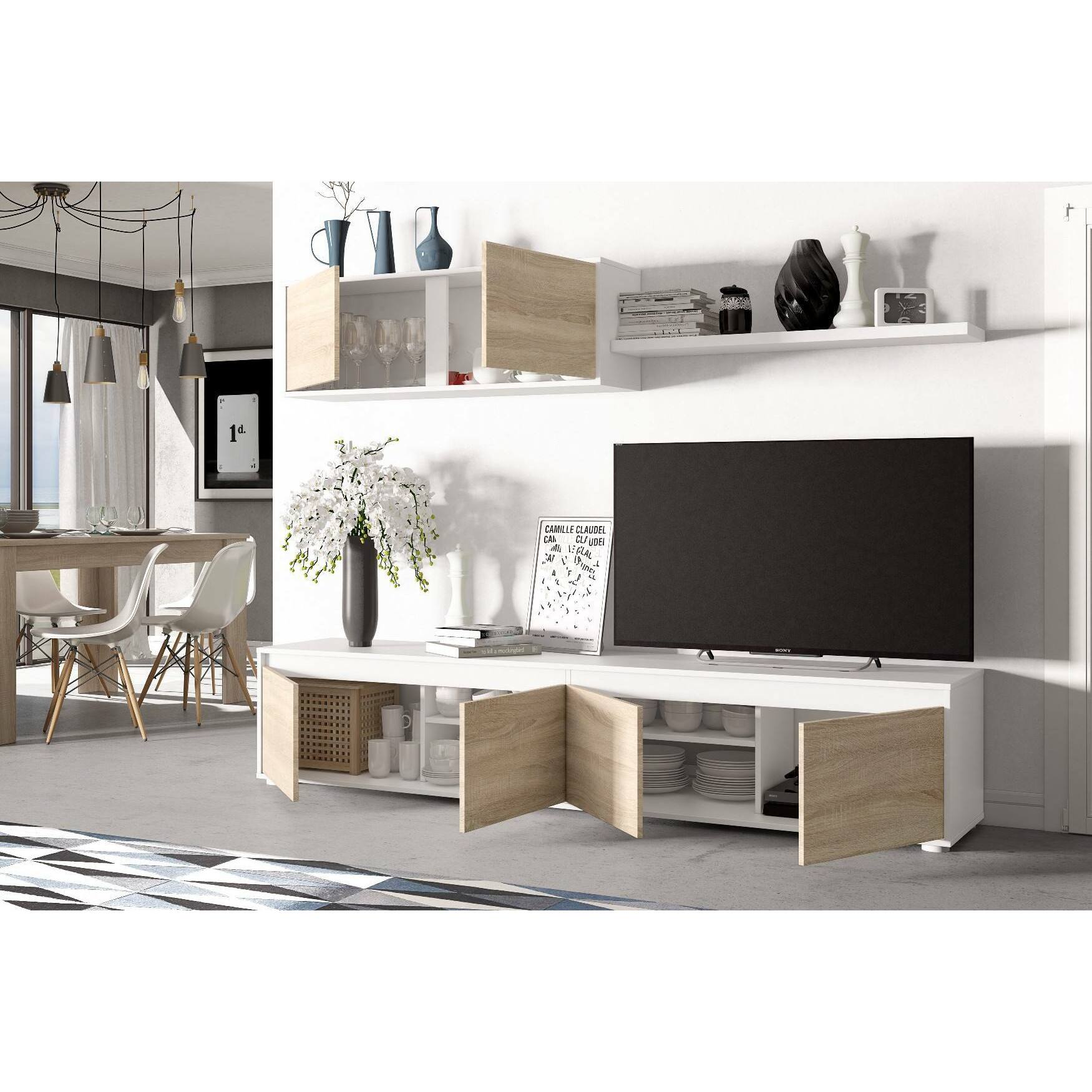 Parete attrezzata Amir, Mobile da soggiorno porta TV, Composizione set salotto, Set salotto con pensile, 200x41h43 cm, Bianco e Rovere