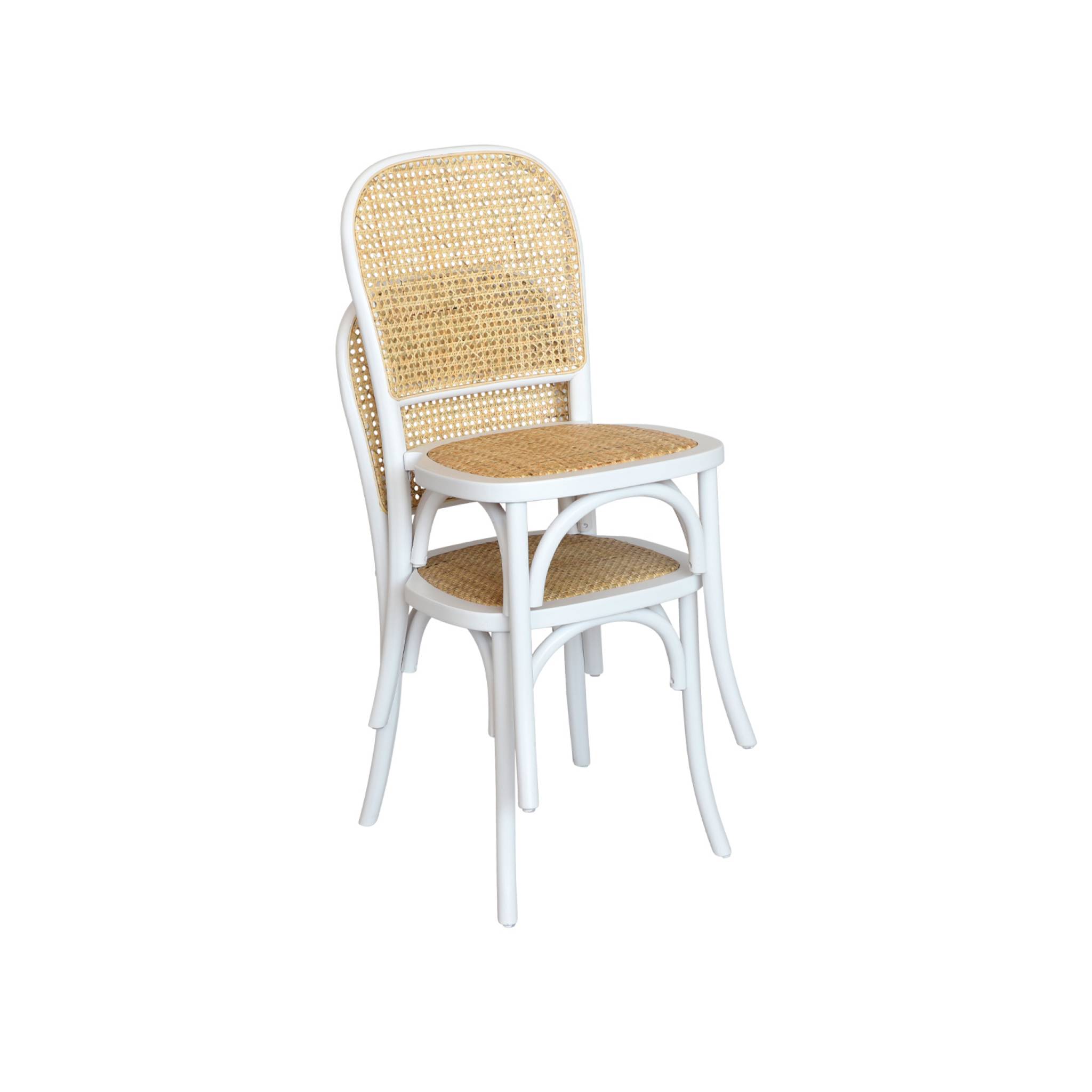 Lot de deux chaises vintage blanches en bois avec assise et dossier en rotin