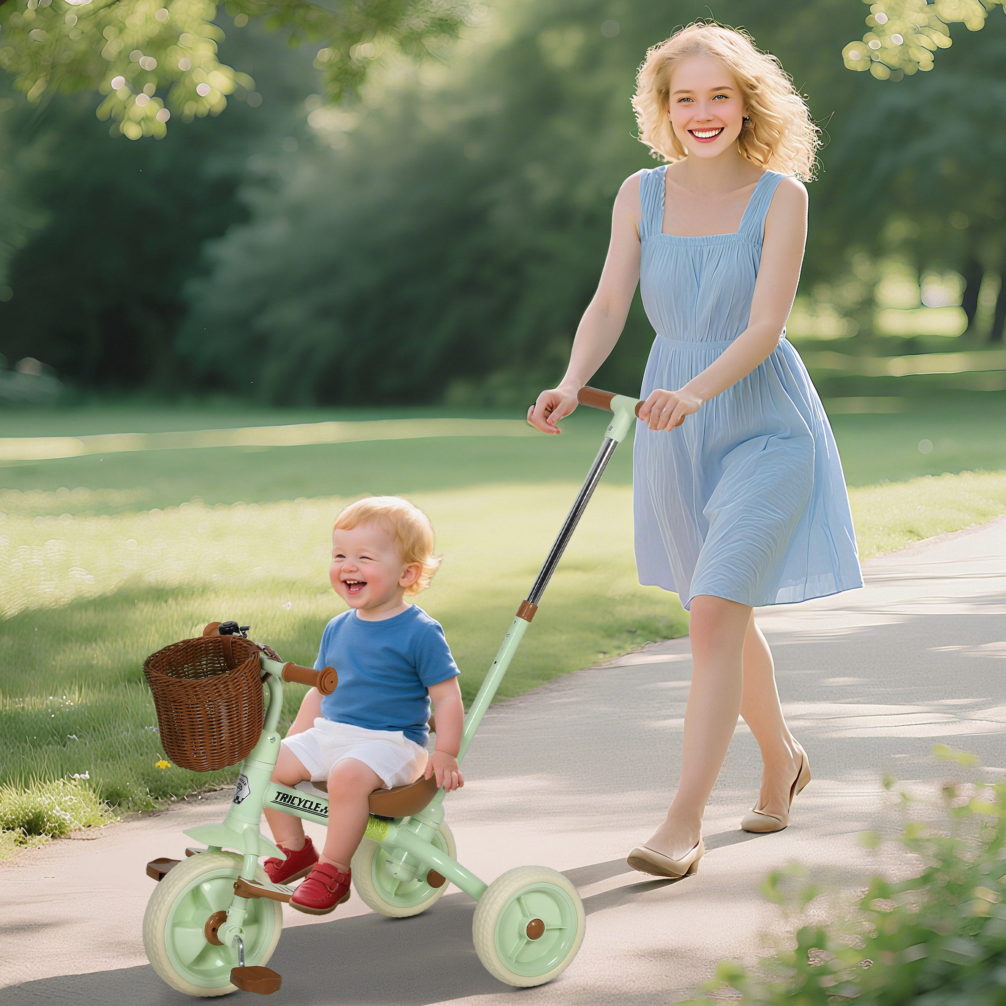 Triciclo para Bebés 2 en 1, Triciclo Evolutivo, 2-5 Años, con Barra Parental Ajustable, Pedales Antideslizantes, Reposapiés Plegables y Cesta, para Niños y Niñas, Verde