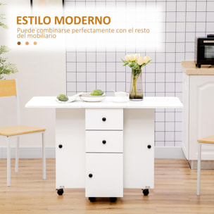 HOMCOM Mesa de Comedor Plegable con Ruedas Alas Abatibles 2 Cajones y Armario Mesa Auxiliar Multifuncional para Estudio Cocina 120x60x76,5 cm Blanco