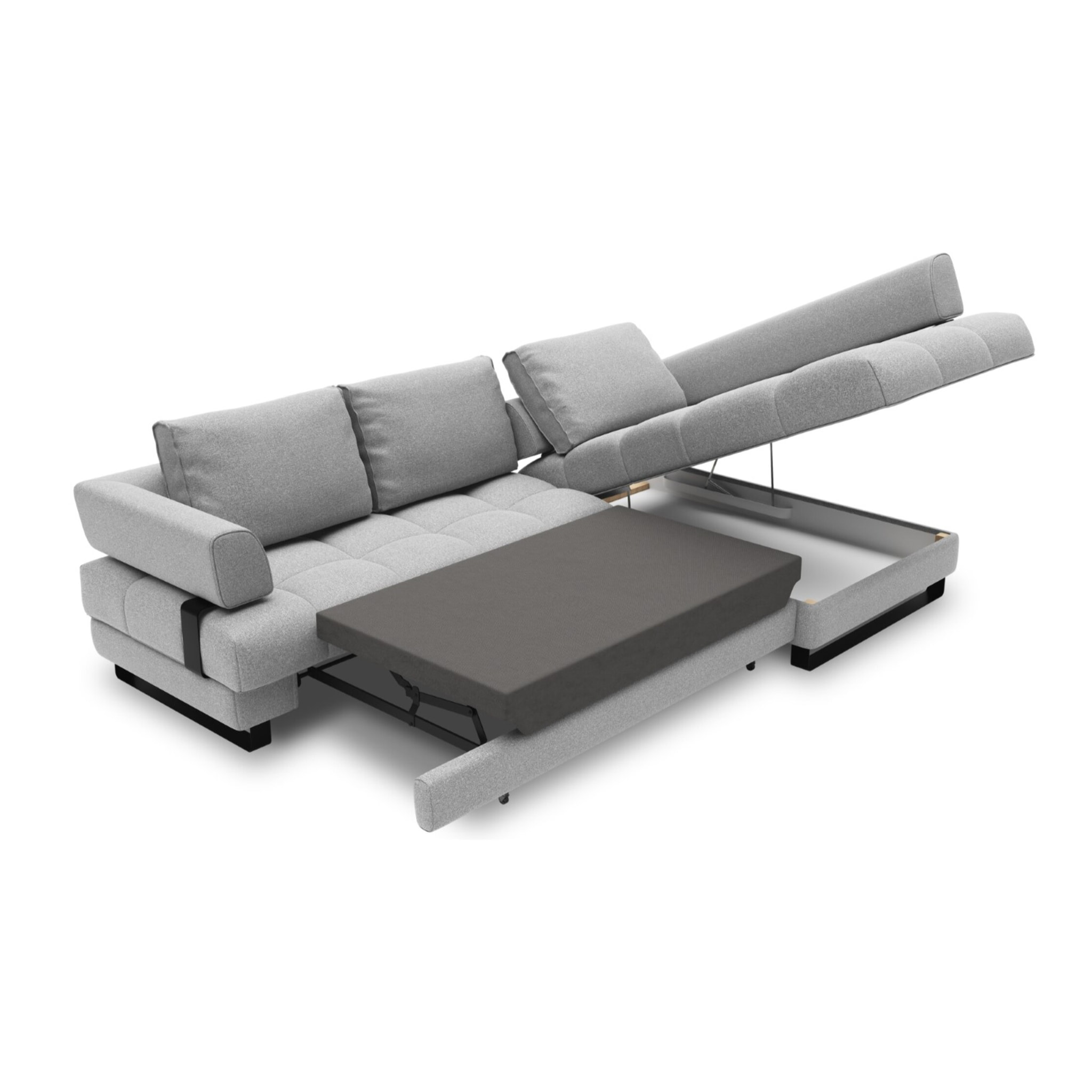 Canapé d'angle droit convertible avec coffre de rangement "Clinton" 5 places en tissu structurel gris
