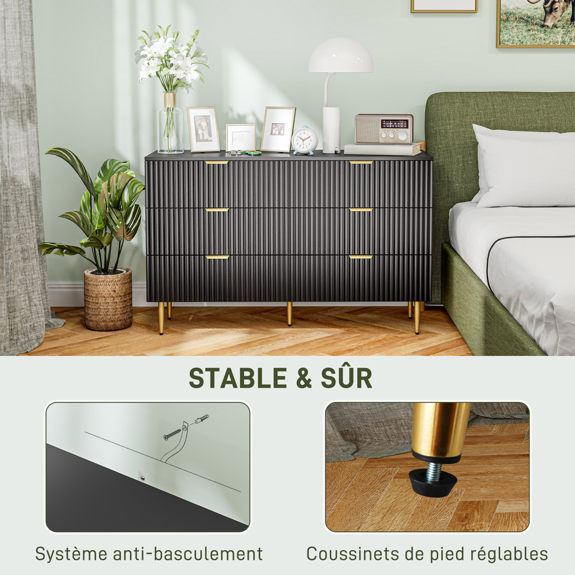 Commode 6 tiroirs design effet cannelé piètement poignées métal doré noir