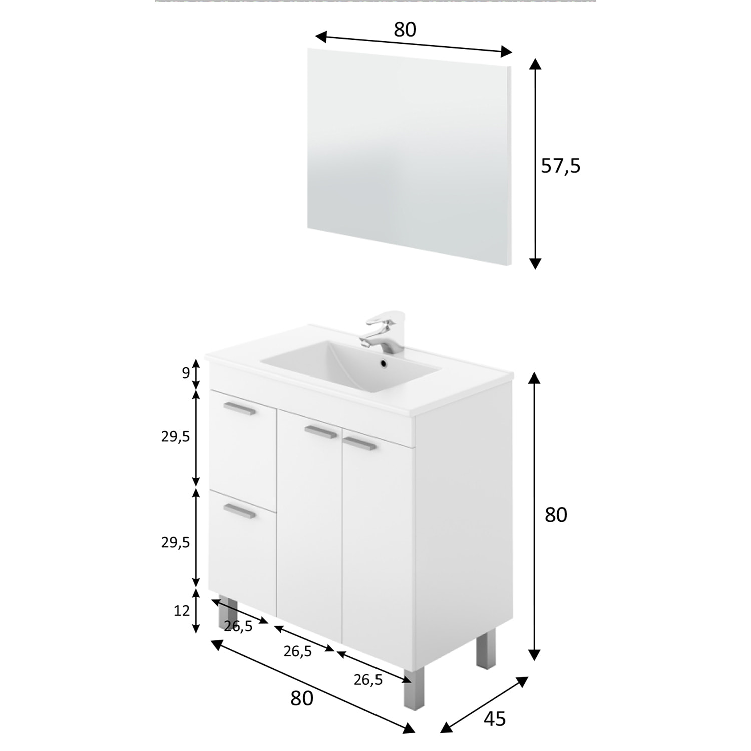 Mueble baño adam 2p2c 80cm blanco brillo con espejo, sin lavabo