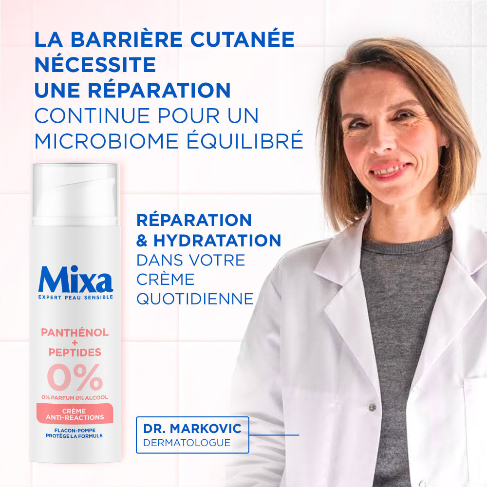 Mixa crème hydratante et réparatrice anti-reactions formulée à partir de Panthénol et Peptides pour hydrater et réparer la barri