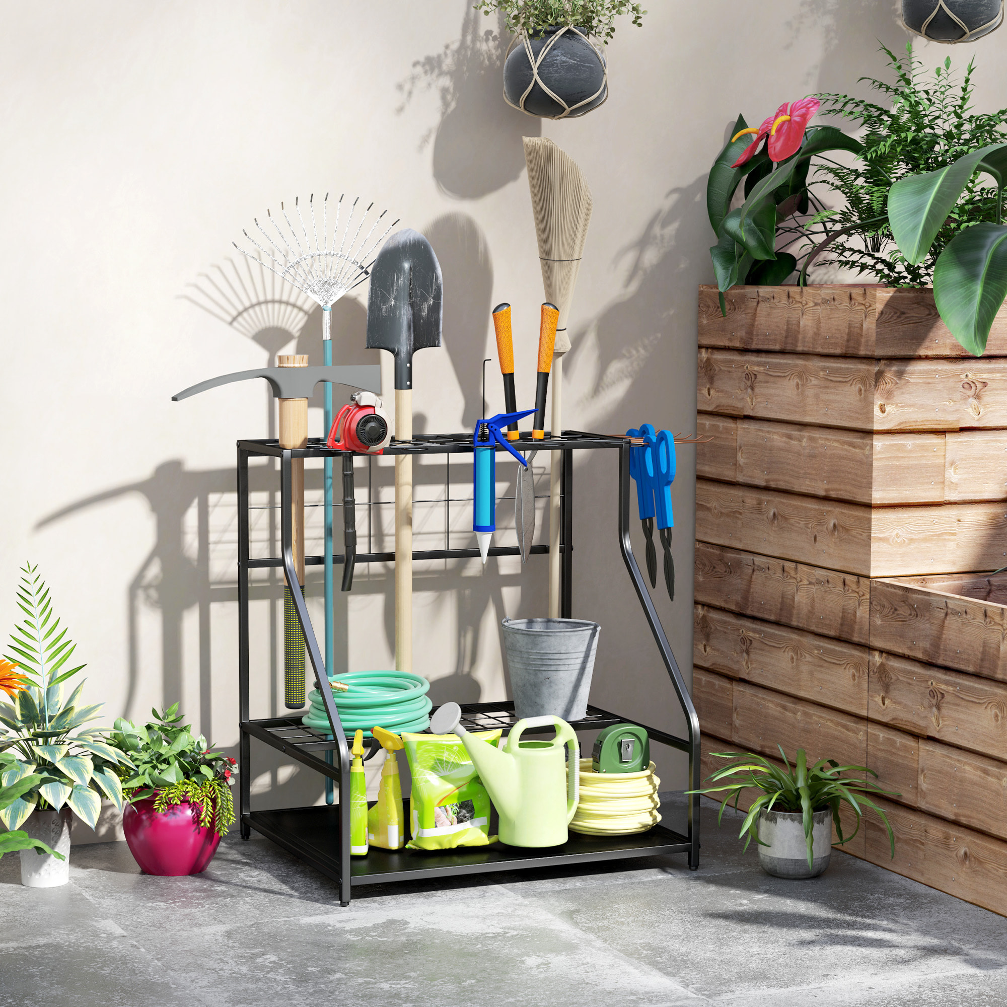 Organizador de Herramientas de Jardín, Estantería de Almacenamiento de 3 Niveles para Garaje con Ganchos, para Palas, Rastrillos, Escobas, Soporte de Metal