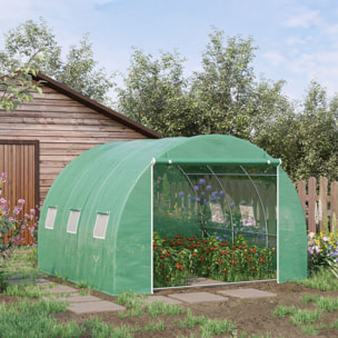 Serre tunnel 9 m² dim. 3 x 3 x 2 m - porte enroulable zippée, 6 fenêtres - acier galvanisé PE haute densité vert