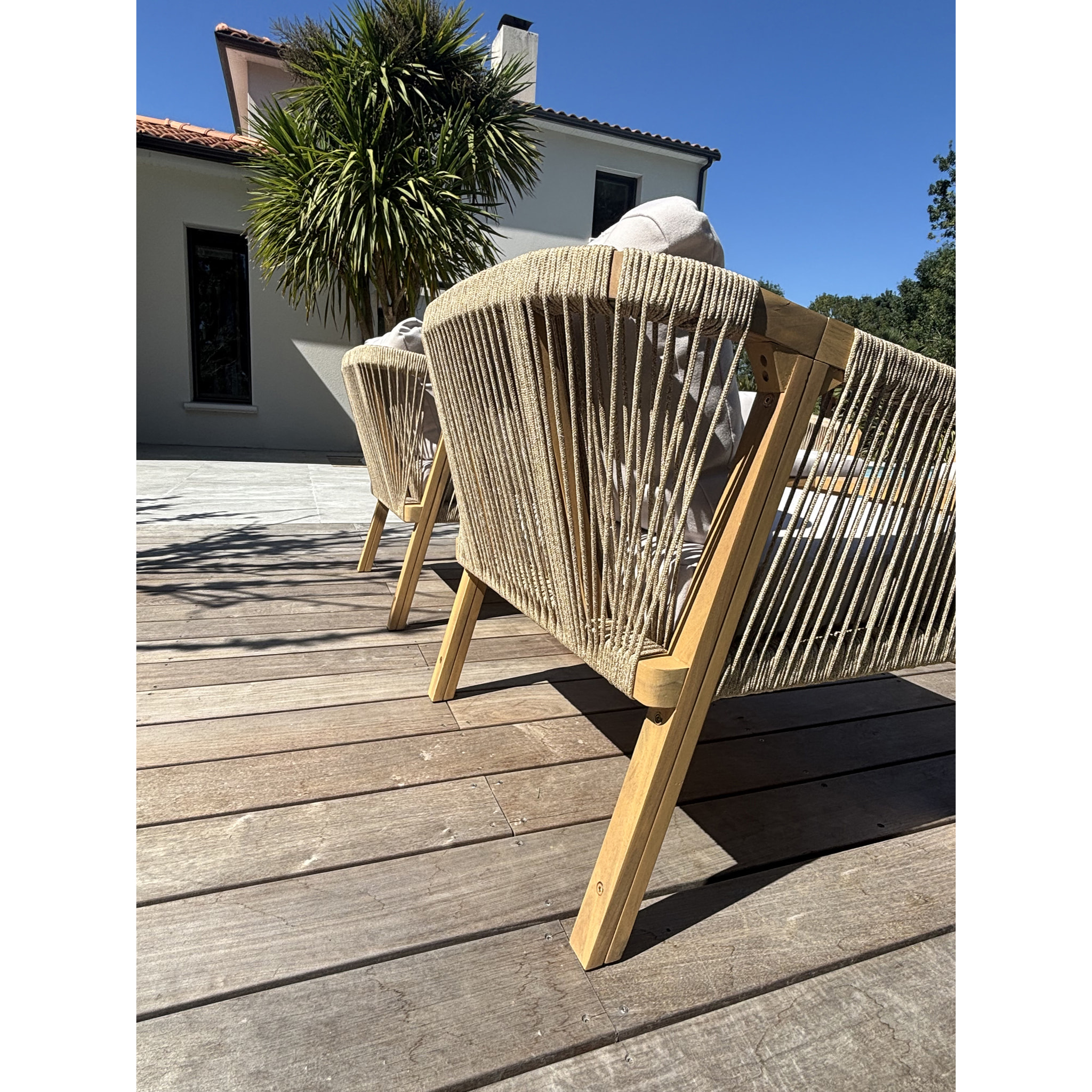 SERENA - Salon bas de jardin 7 places en bois d'acacia et corde tissée