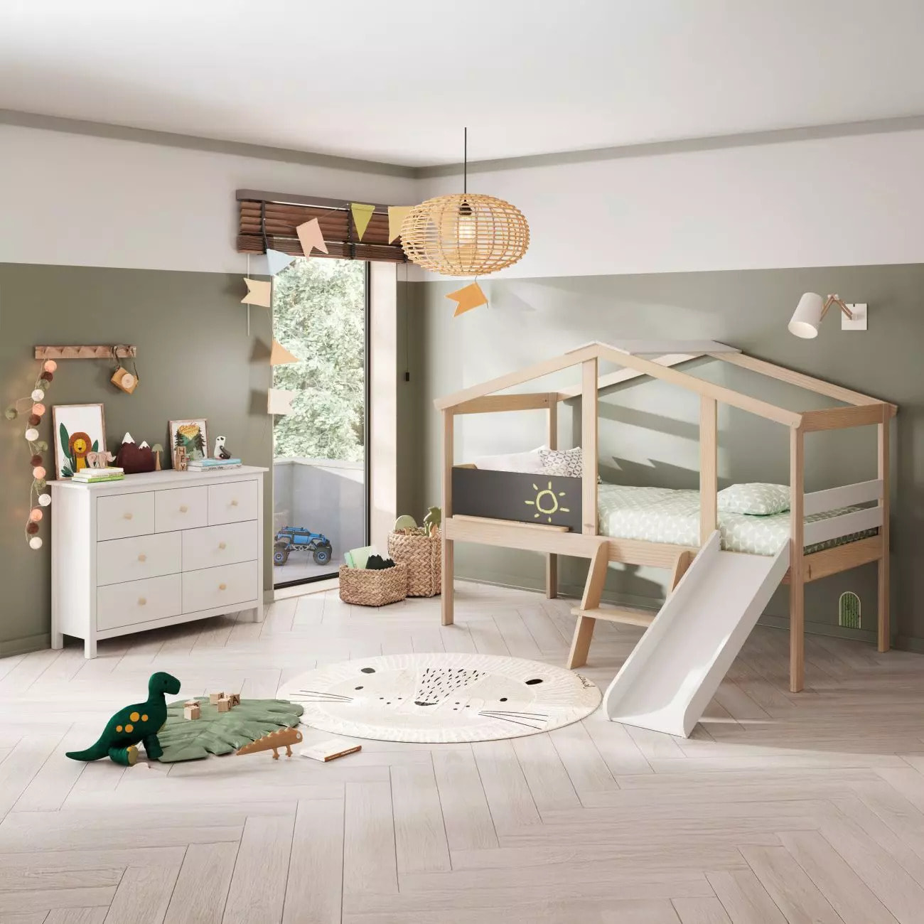 Cama cabaña con tobogán Rushi Blanco - Oak Soft