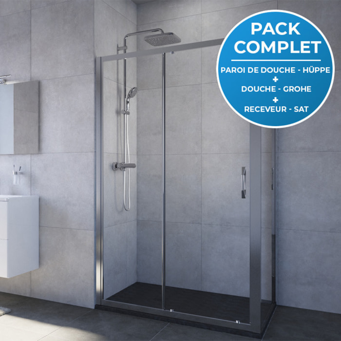 Pack douche : Porte coulissante 120cm + Paroi latérale 80cm + Colonne de douche avec mitigeur + Receveur 120x80cm Noir