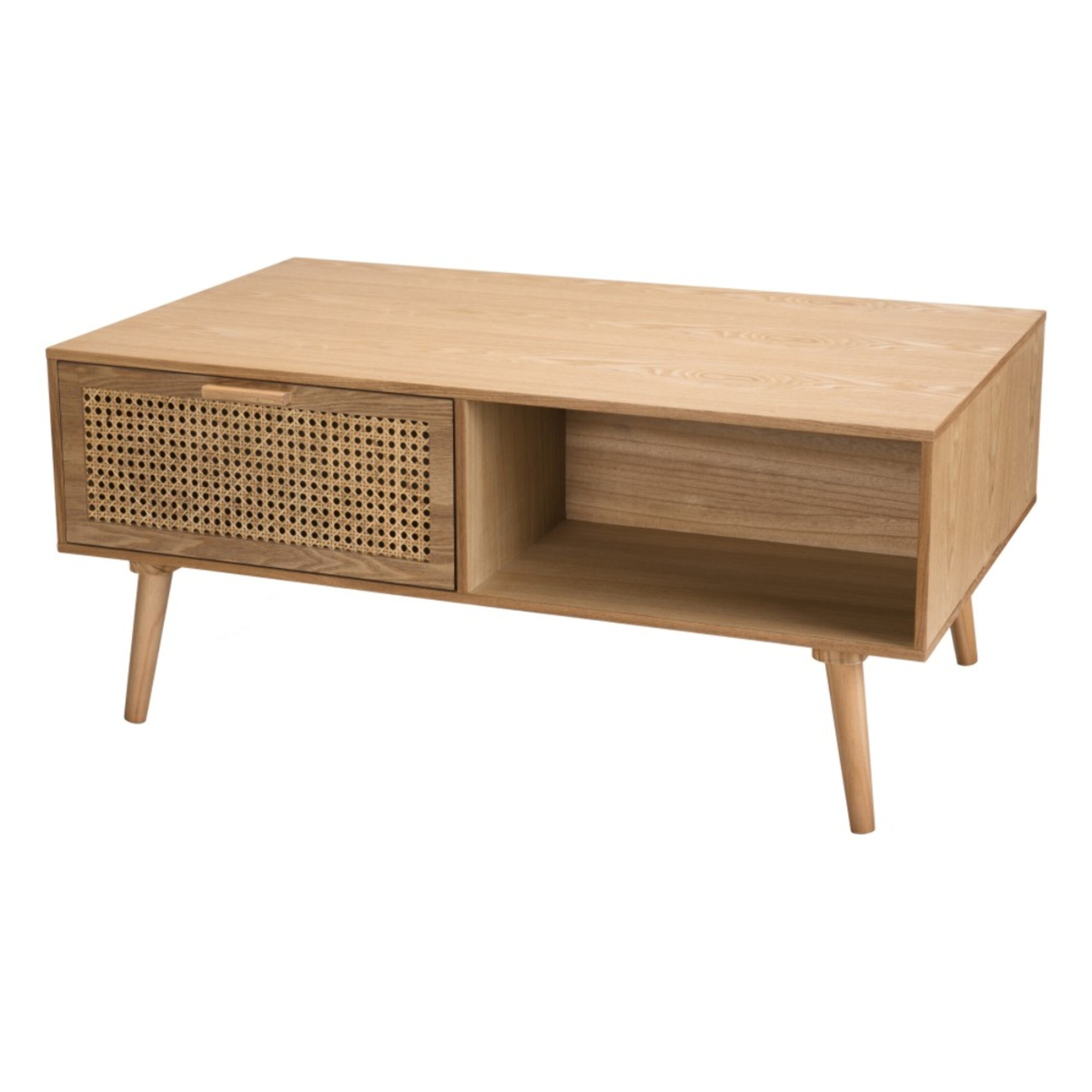 RODRIGO - Table basse couleur naturelle 2 tiroirs 1 niche bois cannage