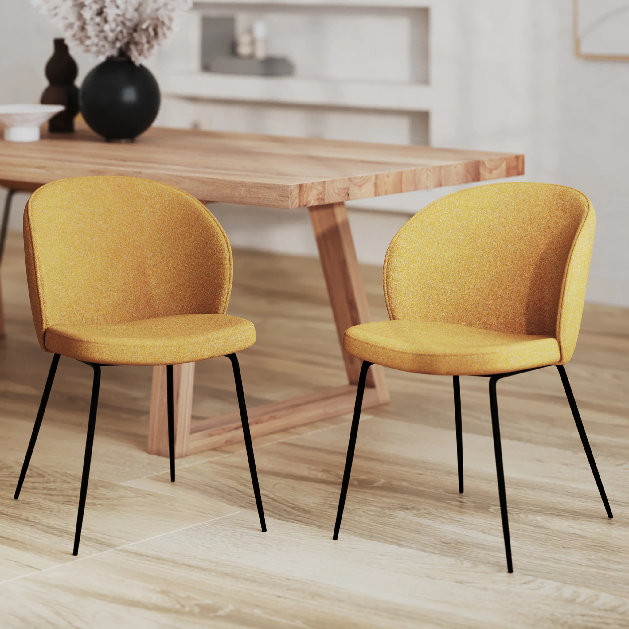 Lot de 2 chaises jaunes en tissu bouclette et pied en métal - Groom