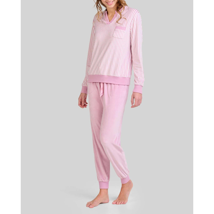 Pijama mujer suave tejido de rayas con escote y aberturas elásticas, manga larga y pantalón largo