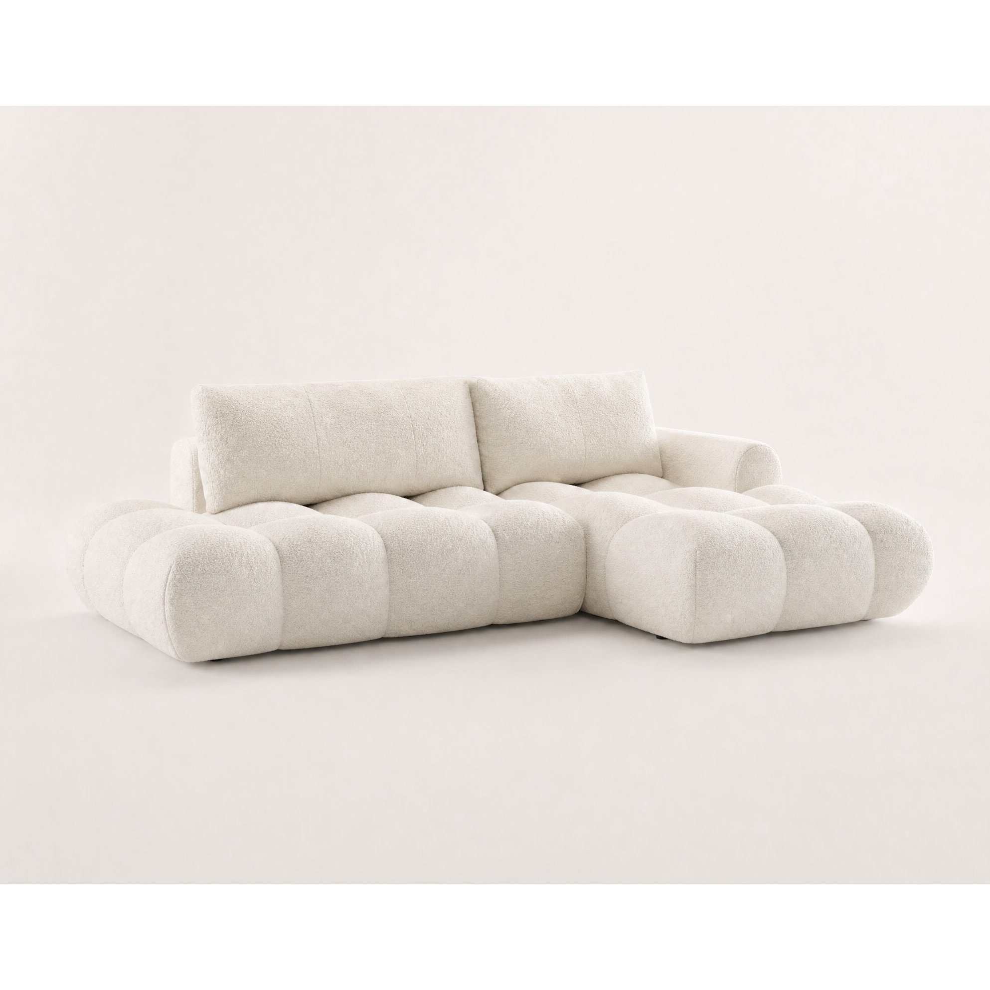 Yulin - Canapé d'angle ouvert droit 4 places convertible avec coffre en tissu bouclette - Beige