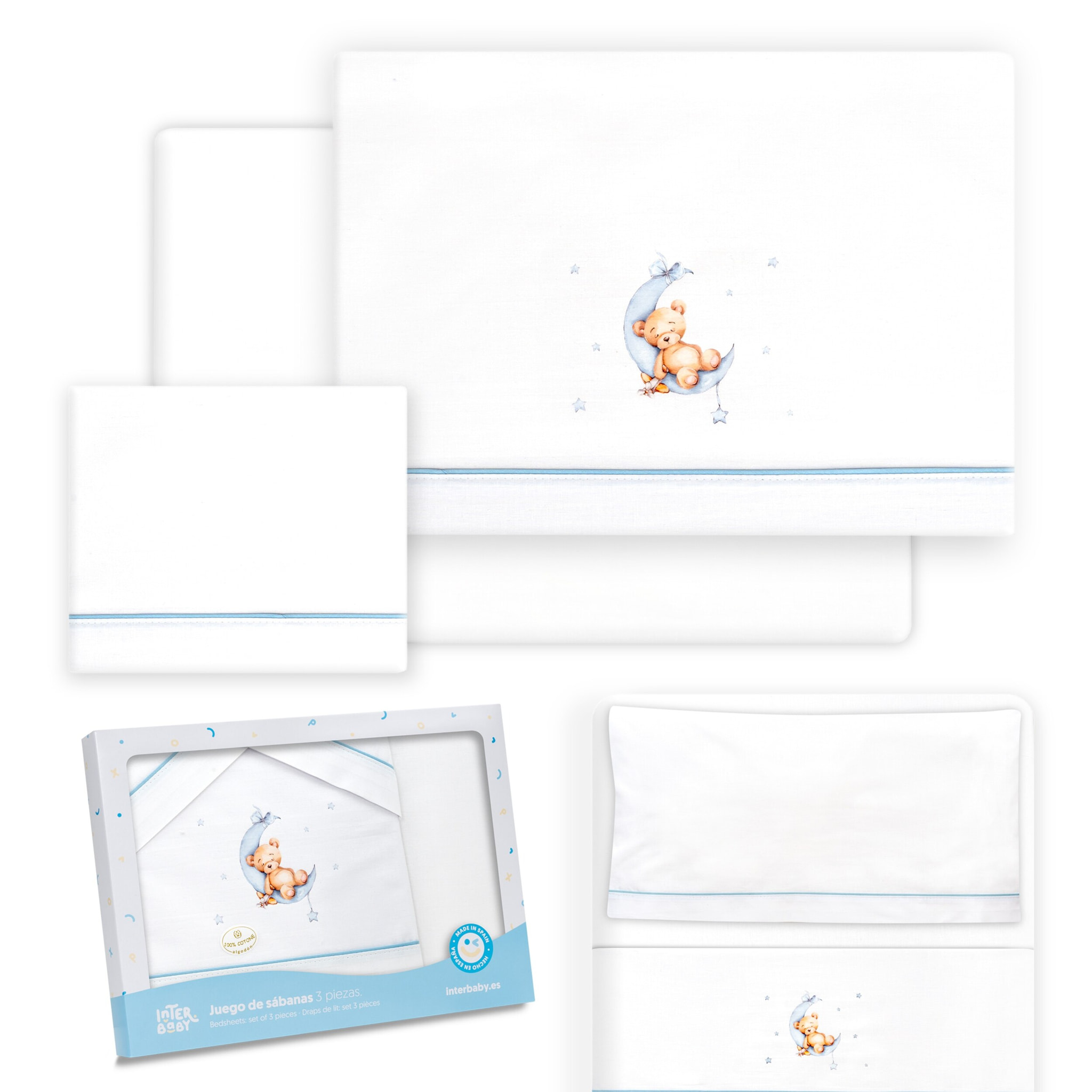 Triptico Minicuna Estampado Oso Luna Estrellas Bco/Azul