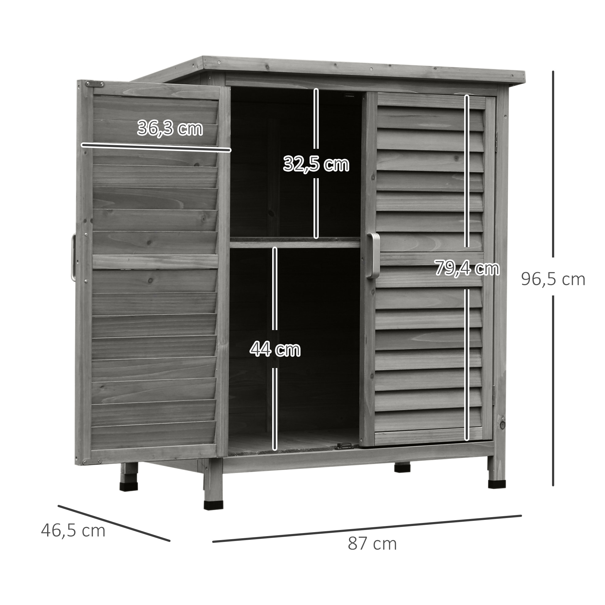 Cobertizo de Almacenamiento de Madera para Jardín 2 Estantes Interiores Gris