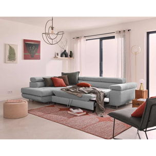 Zaria - canapé d'angle gauche - convertible avec coffre et têtières réglables - 5 places - en velours côtelé - Gris clair