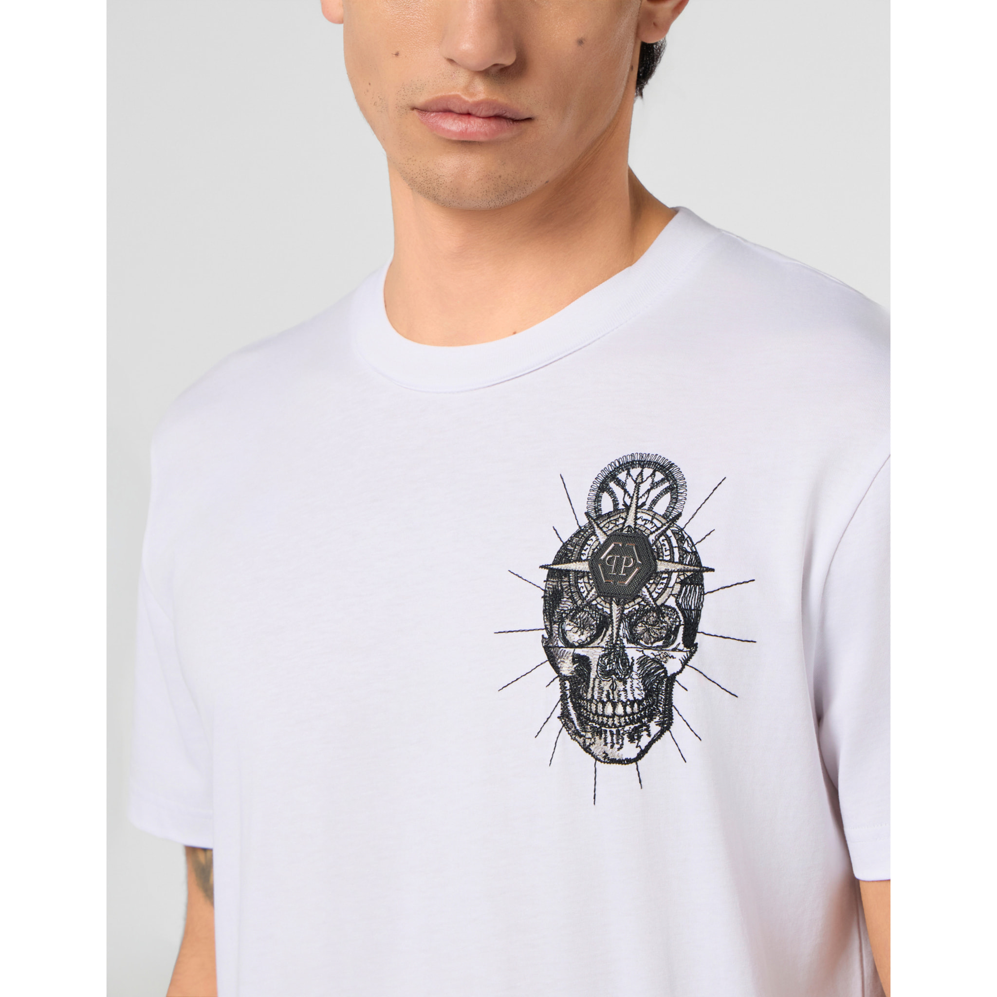 PHILIPP PLEIN Round Neck T-Shirt Chest Embroidery Skull