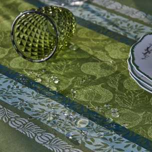 Nappe pur coton enduit motif jacquard vert Mille botanique mousse