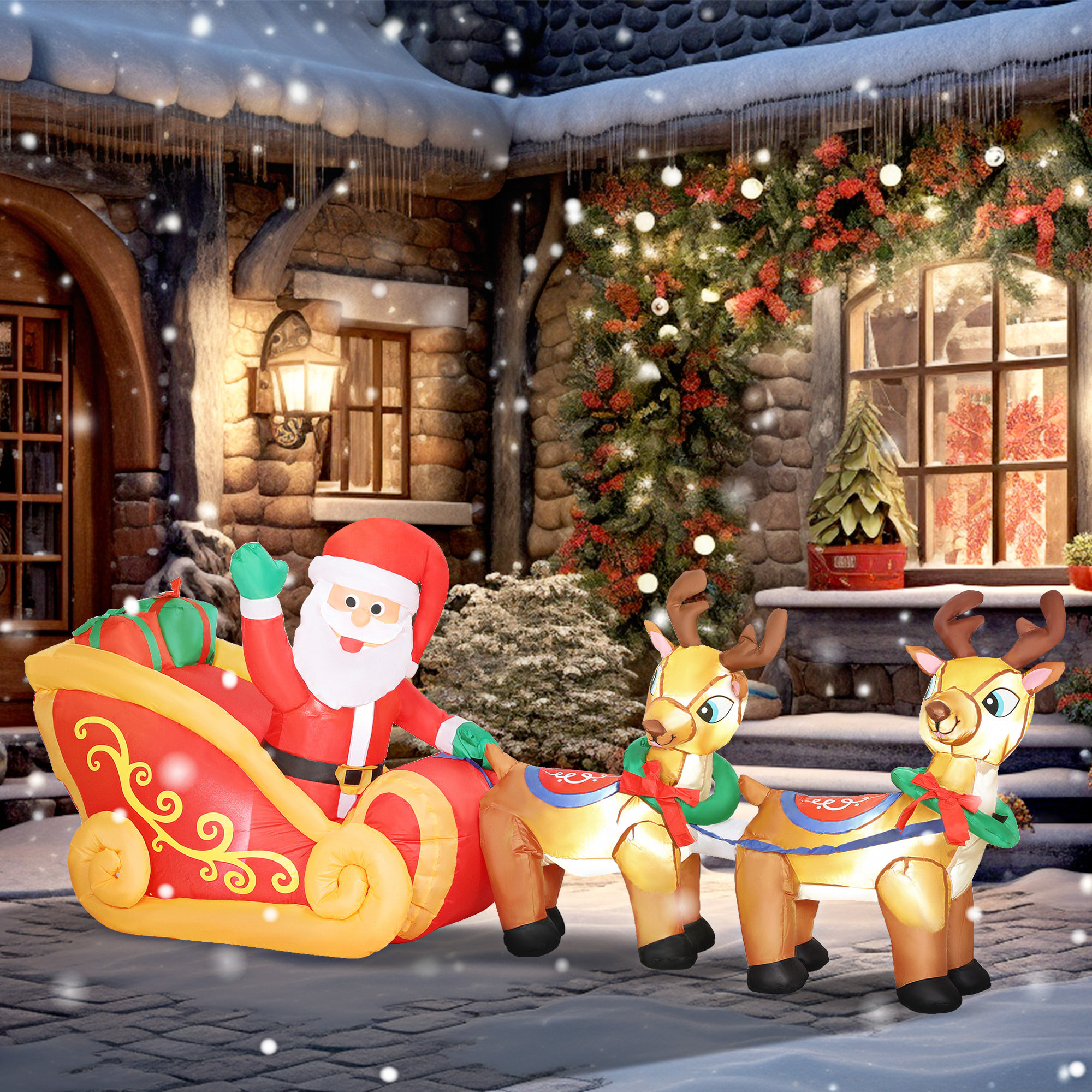 Papá Noel Hinchable con Trineo y Renos, Inflables de Navidad con Luces LED, Decoración de Navidad para Exterior e Interior, 240x75x100 cm