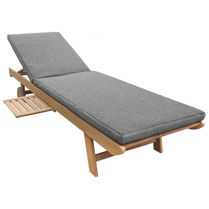 Bain de soleil pliant en acacia KANAWA - coussin gris
