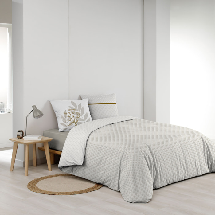 Parure de lit coton motif feuillage double face imprimée - Naturel