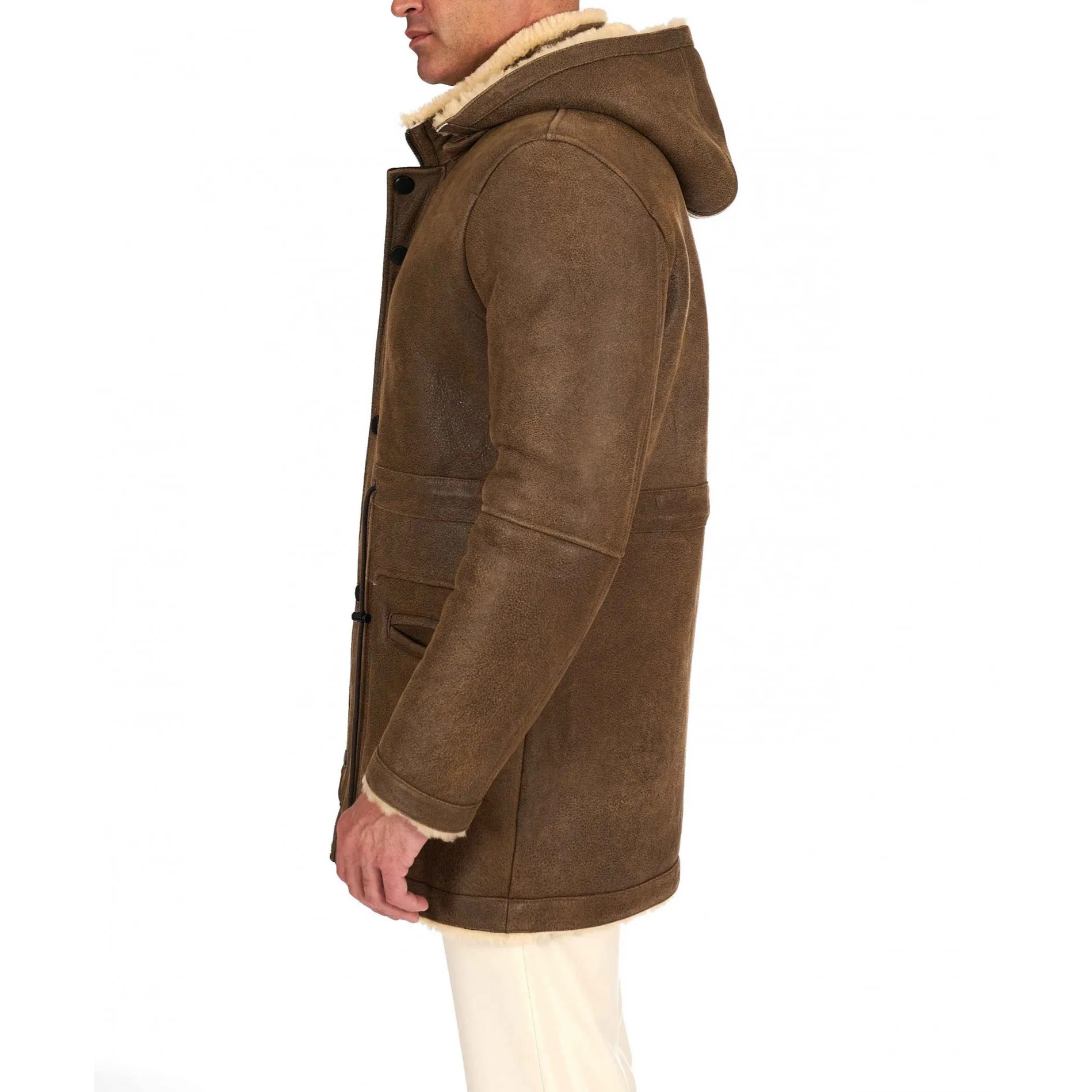 Cappotto Montone Shearling color fango con cappuccio staccabile