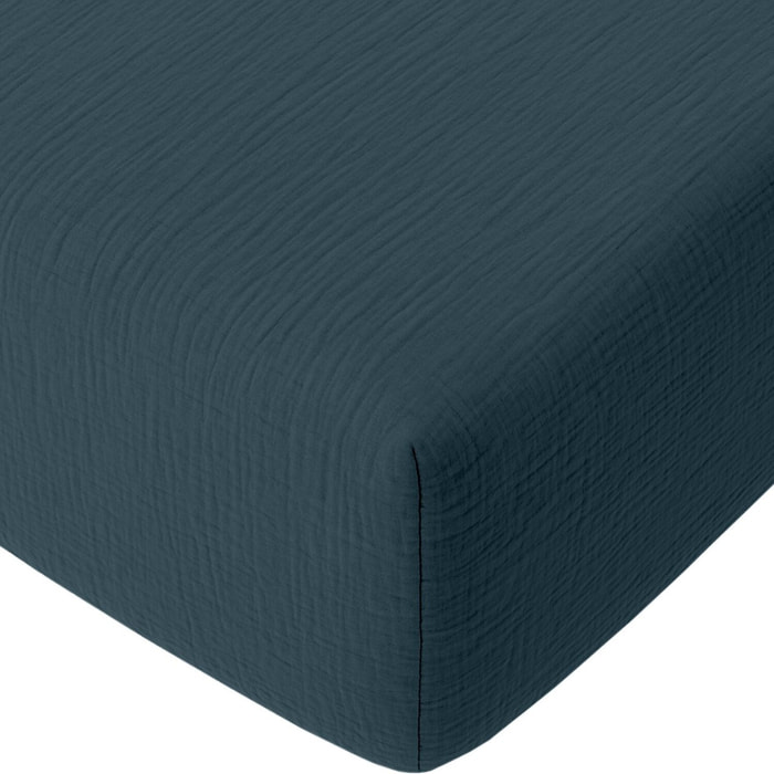 Drap housse bonnet:30cm 100% gaze de coton lavé bleu pétrole
